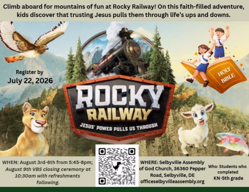Promotional poster for Rocky Railway VBS featuring a train, kids on a Bible, animals, and event details (register by July 22, 2026).